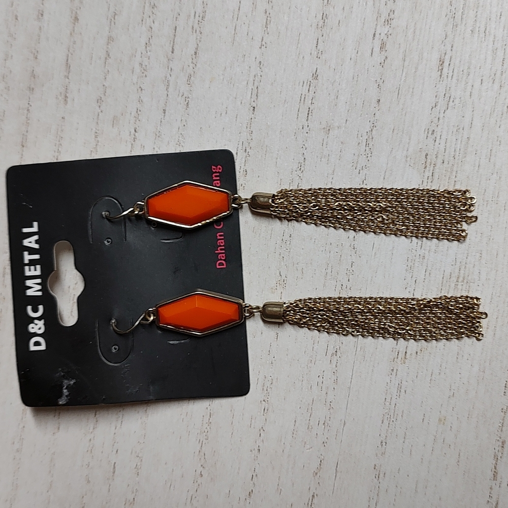 😻 3 For $15 Orange Lucite Gemstone Elongated Hexagon Chain Tassel Earrings